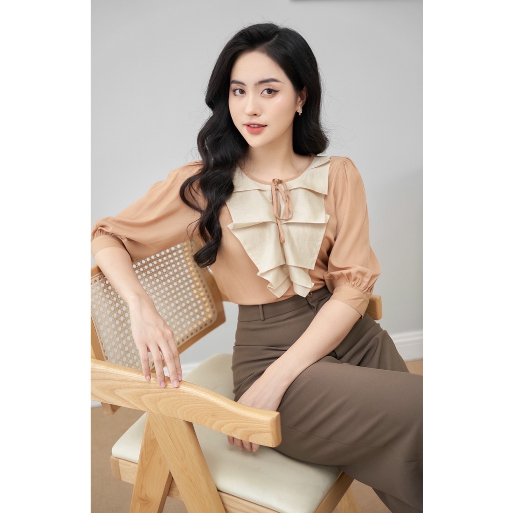 Áo sơ mi tay lỡ FANSIX - A17 sơ mi công sở phối cổ bèo nữ tính, chất vải lụa Hàn mềm mại