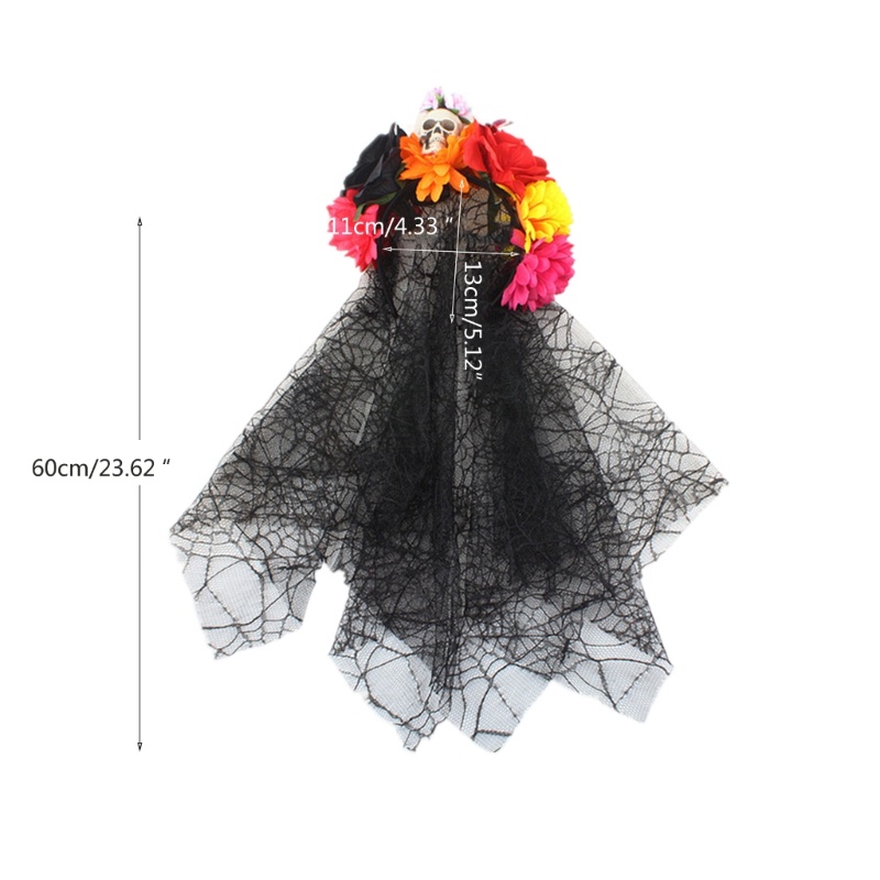 Băng Đô Cài Tóc Màu Đen Đính Mạng Che Mặt Đầu Lâu Hoa Cho Nữ