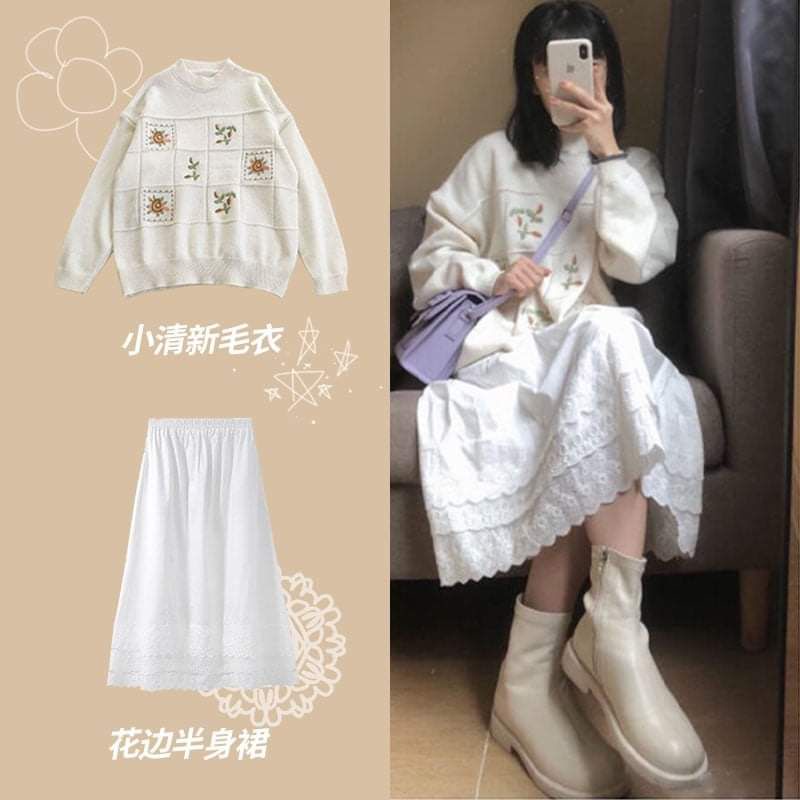 Set áo len hoạ tiết và chân váy trắng dài + Giày (có ảnh thật)