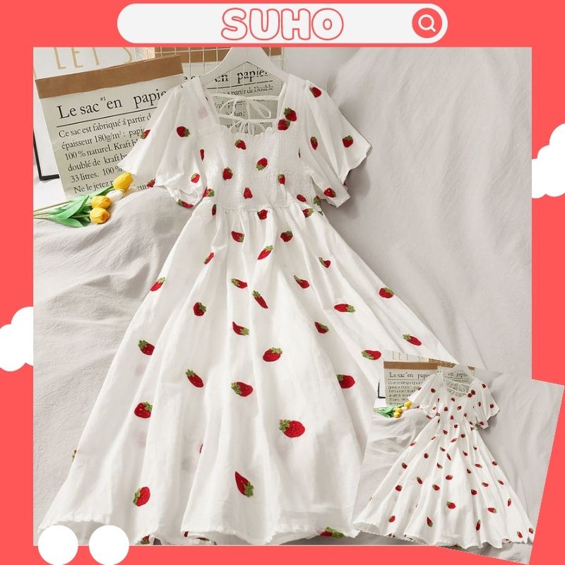 Váy hoa nhí cổ vuông hoa nhí đi biển hoa nhí dáng dài SUHO VD002