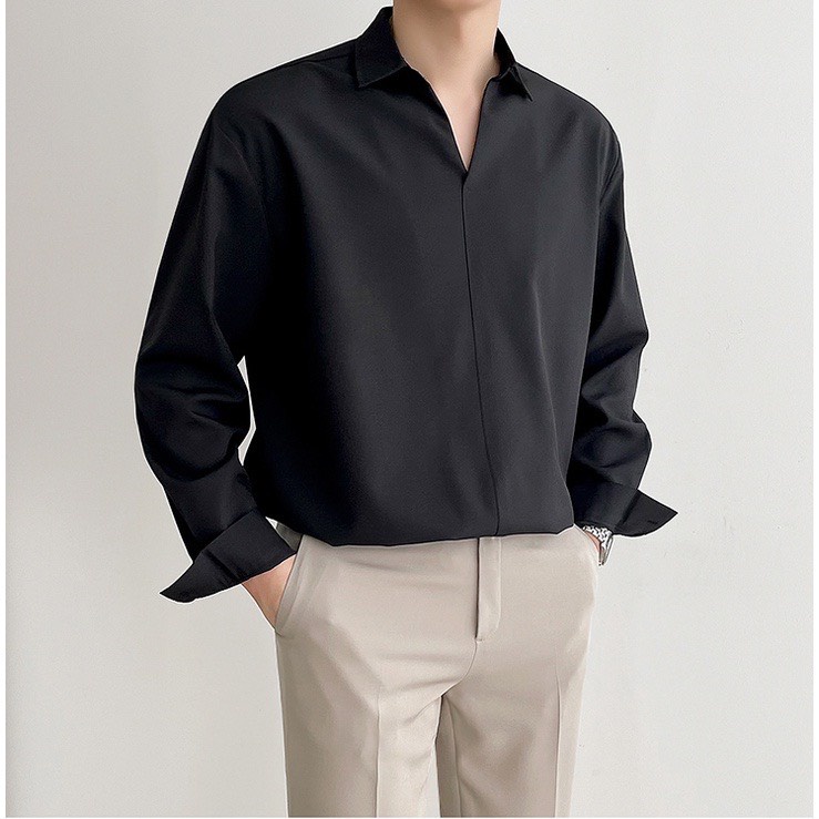 Sơ mi nam hàn quốc form rộng cổ V cao cấp áo nam unisex , lụa không nhăn cổ tàu cổ trụ dáng ôm suông rộng thời trang