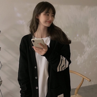 (ORDER) Áo khoác thun cardigan cài khuy phối viền sọc tay màu trắng style thể thao cá tính Hàn Quốc