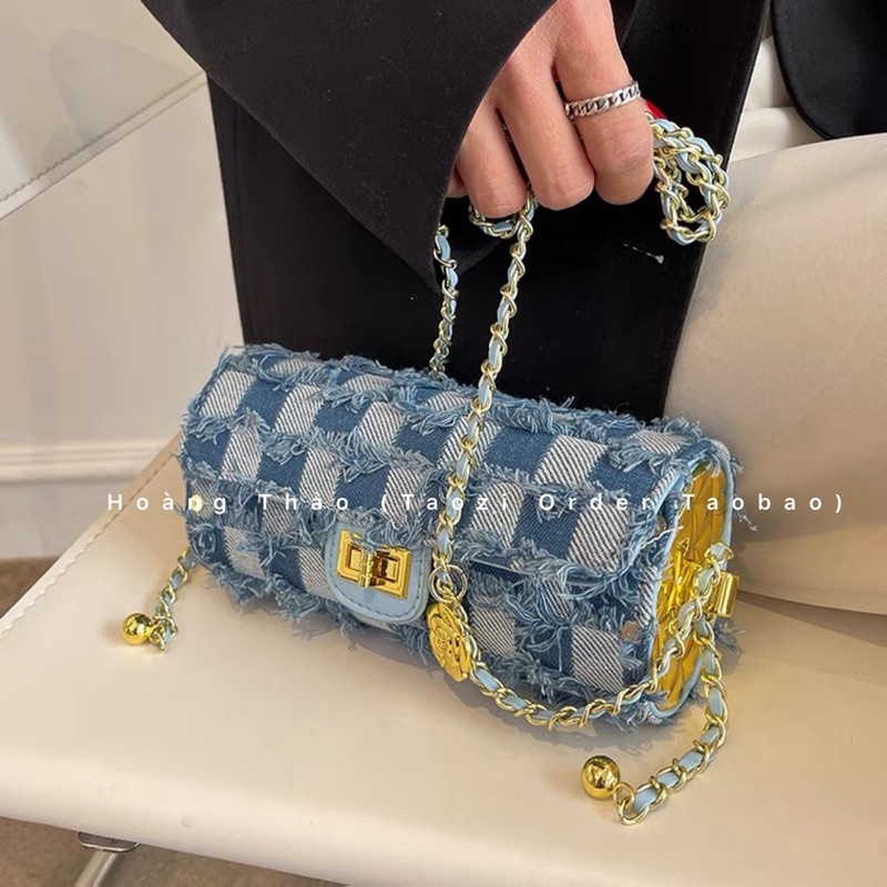 Túi hộp tròn trống cơm phối jean xước siêu hot chất bao dày đẹp ♥️