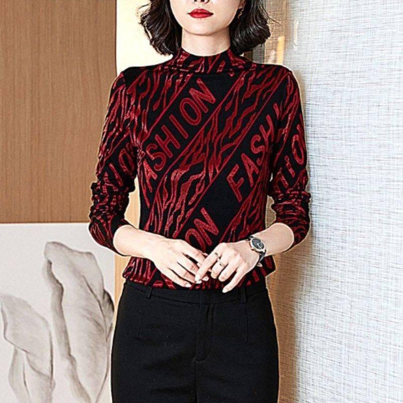 Áo thun tay dài in chữ thời trang cho phụ nữ trung niên