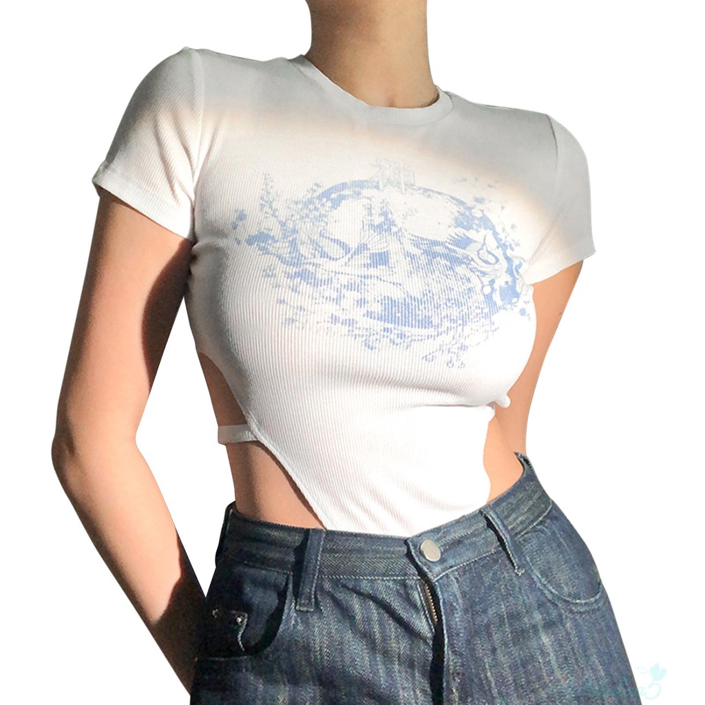 Bộ áo liền quần cổ tròn tay ngắn dáng ôm in họa tiết khoét lỗ 5- thời trang quyến rũ cho nữ | BigBuy360 - bigbuy360.vn