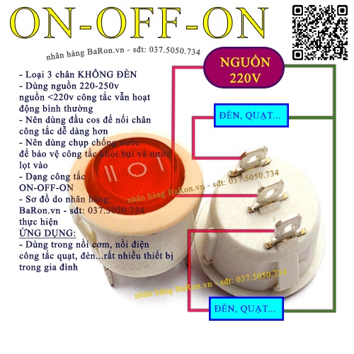 Công tắc 6A/220V loại on/off/on 23mm