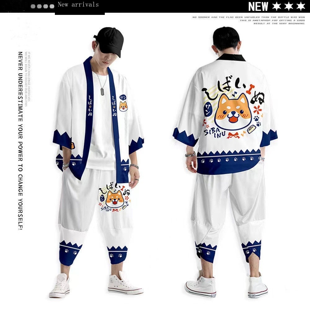 Áo Khoác Kimono Nhật Bản Mới 2022 Áo Choàng Cardigan Yuori Shiba Inu + Quần Cắt Xén Cho Nam Sinh
