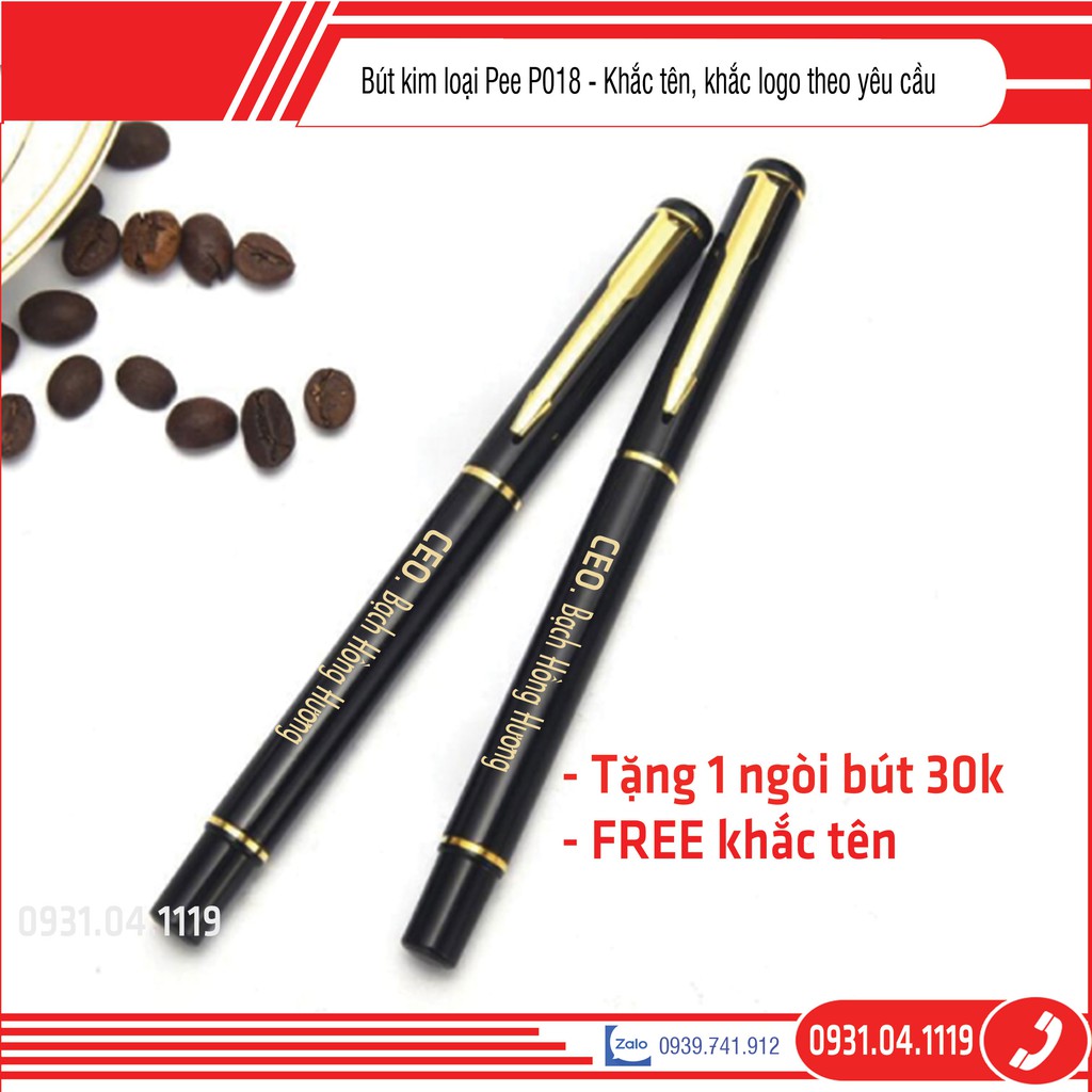 Quà tặng sinh nhật, Bút ký kim loại cao cấp Pee P018 viền vàng, Thon gọn, Ngòi nhỏ 0.5mm dùng ký tên