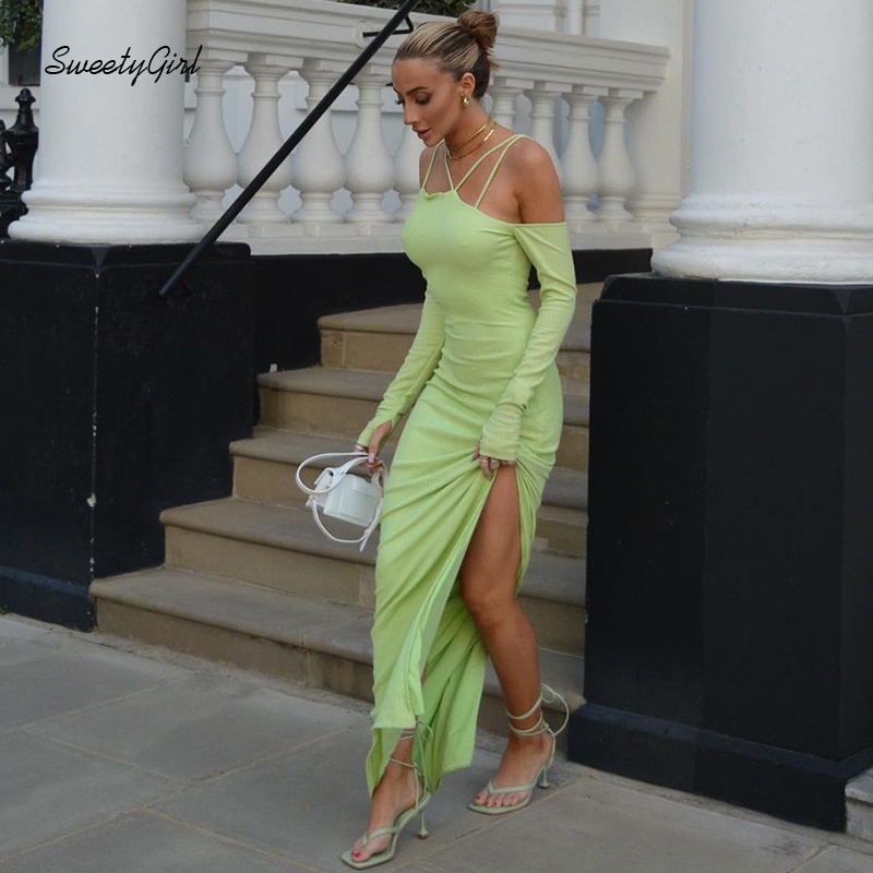 Đầm midi tay dài hở vai màu trơn thời trang quyến rũ cho nữ