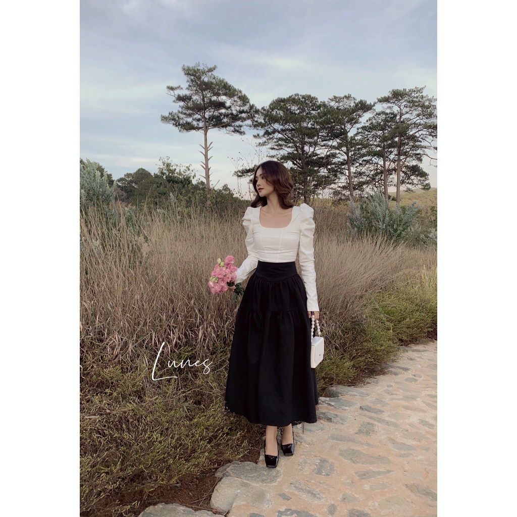 Chân váy midi H.I.U ROOM dáng dài nhún bồng HIU design 2021. | BigBuy360 - bigbuy360.vn