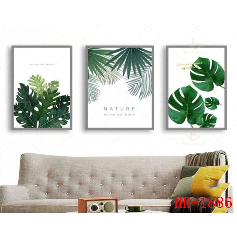 Bộ 3 Tranh Treo Tường 3 Lá Xanh - Tranh canvas treo tường giá rẻ - Tặng kèm đinh 3 chân không cần khoan tường