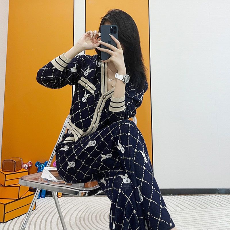 Bộ Áo Dệt Kim + Quần Ống Rộng Thời Trang Xuân Thu 2022 Phong Cách Phương Tây Cho Nữ