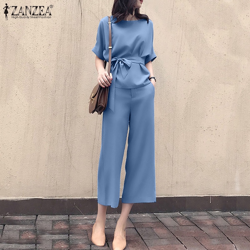 Bộ quần áo ZANZEA gồm áo kiểu tay lỡ cổ tròn và quần dài lưng thun thời trang dành cho nữ