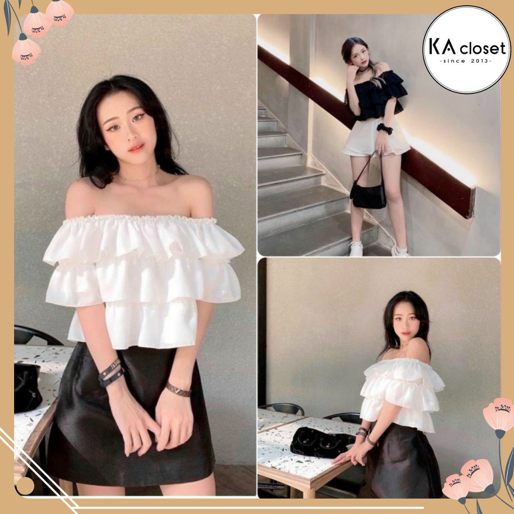 🆕  Áo trễ vai 3 tầng ngắn tay KA Closet có 2 màu Đen, Trắng, chất von lụa cực mềm, mịn