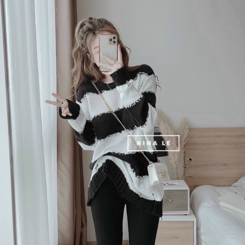 Áo len sọc trắng đen tay dài chị Nina Lê mặc siêu cưng LOTUS SHOP ơi