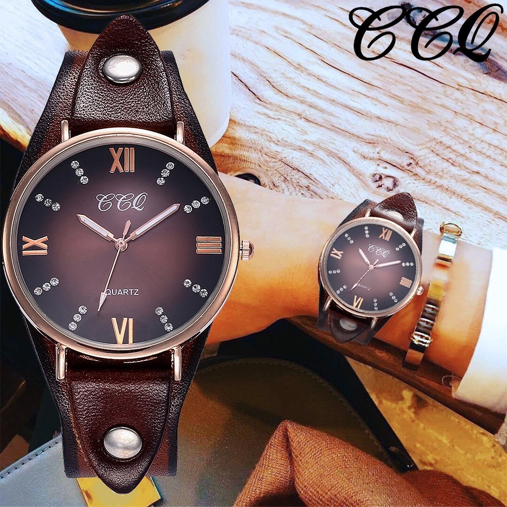 Đồng hồ mặt đính đá với dây đeo da phong cách vintage thời trang cho nữ