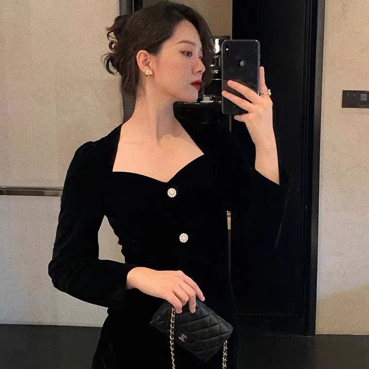 đầm đen váy body váy xẻ tà đầm cổ vuông đầm vintage đầm khoét eo đầm bigsize nữ đầm đi tiệc váy tiểu thư sang chảnh váy nữ xinh đầm tay dài