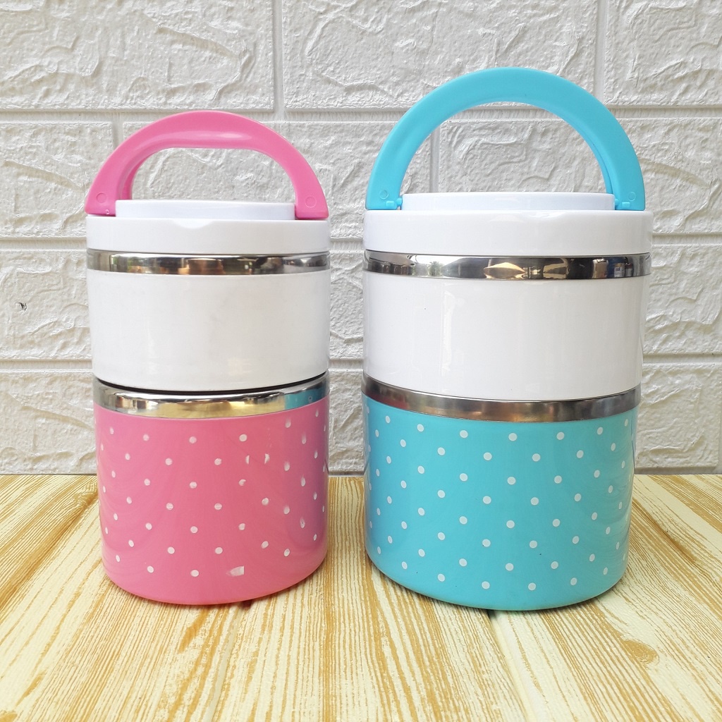 Hộp cơm camen giữ nhiệt 2 ngăn chấm bi ruột inox dung tích 930ml - 1500ml - Camen 2 tầng