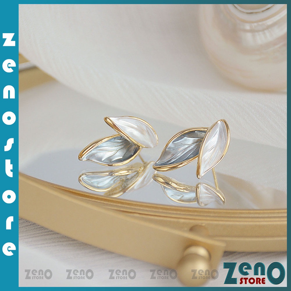 Khuyên tai ZenO KT13 chiếc lá cuối thu màu xanh trắng tương phản cực chất