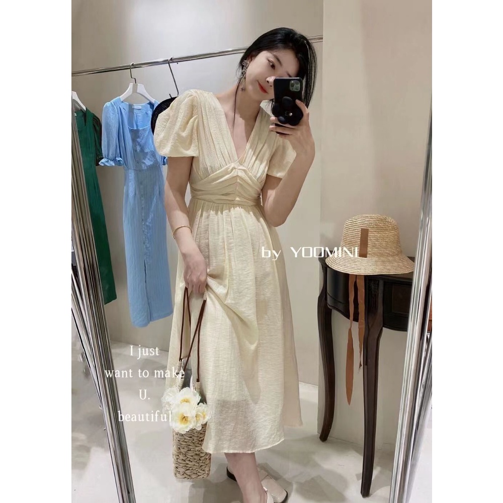 Đầm Tay Phồng Cổ Chữ V Xếp Ly Thời Trang Hàn Quốc Xinh Xắn