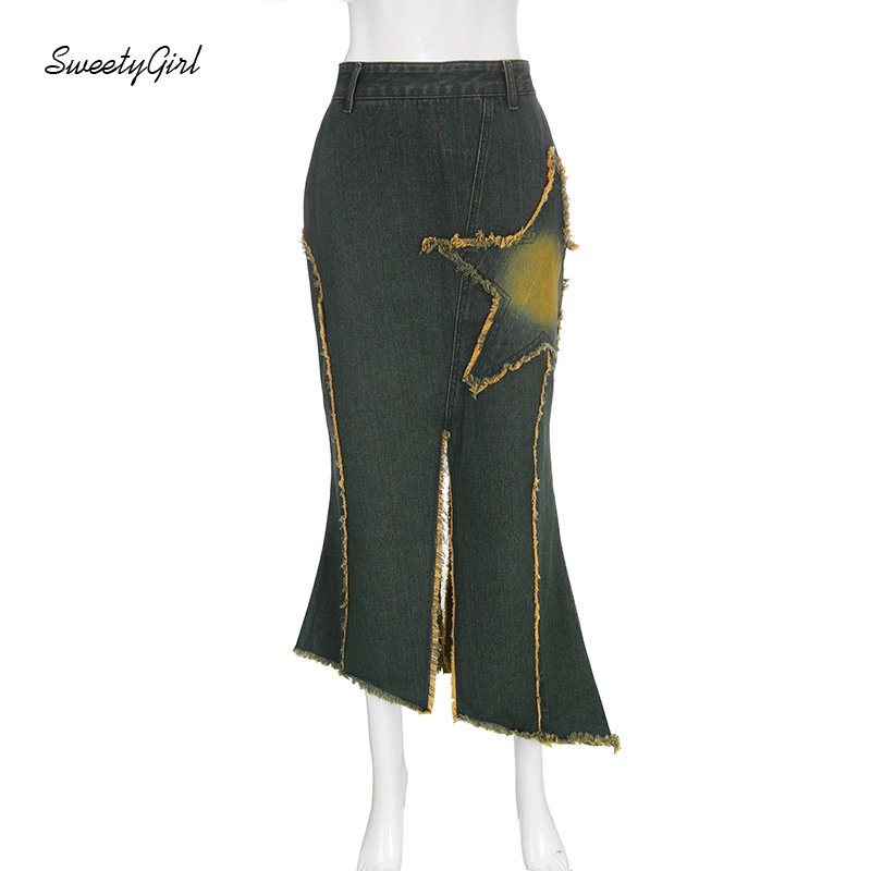 Chân Váy Maxi Denim Lưng Thấp Phối Màu Tương Phản Thời Trang 2022 Cho Nữ