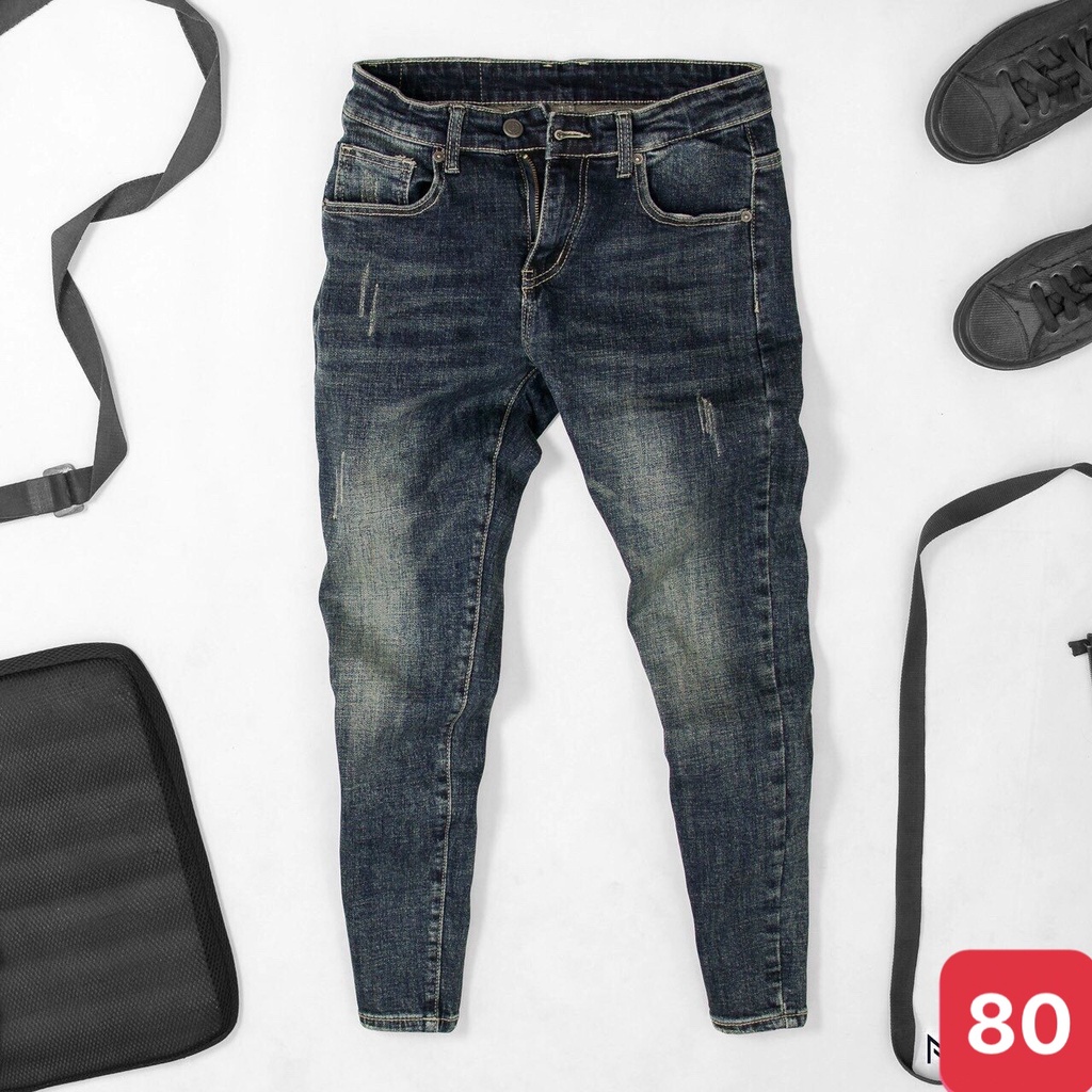 Quần jeans nam xanh đậm trơn không rách gối chất jean bò cao cấp co dãn 4 chiều đẹp rin from dáng rin skinny ADO80