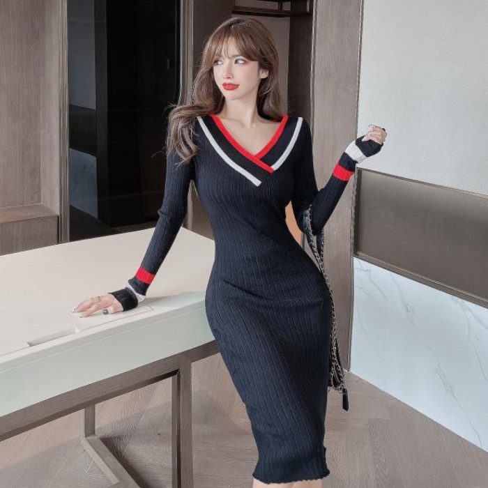 Đầm Len Tay Dài Cổ V Thời Trang Dành Cho Nữ