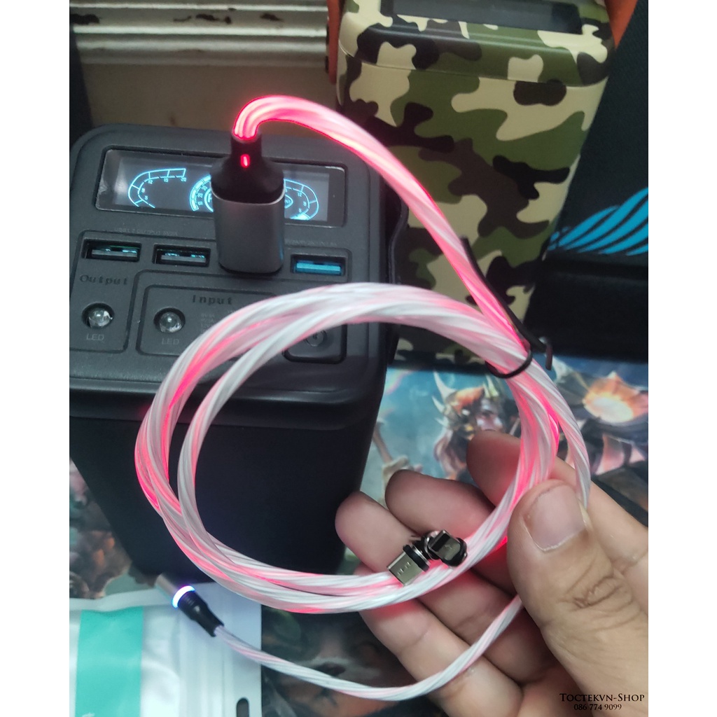 Cáp Sạc Nhanh 3 trong 1 Có Nam Châm Xoay 360 Độ Cổng Micro USB Type C Micro LightingTích Hợp Đèn LED