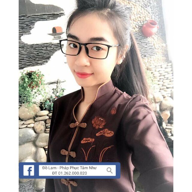 Bộ đi chùa , cổ tàu thêu sen màu nâu , bộ đà đi chùa