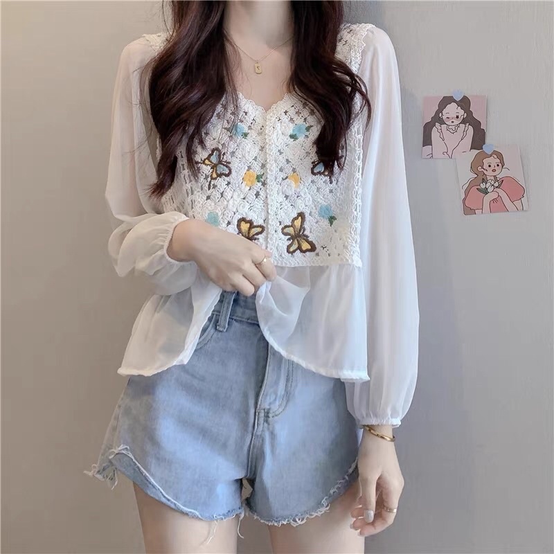 Áo Voan Tay Dài Cổ V quảng châu loại 1 Họa Tiết Thêu Cổ Điển Xinh Xắn Cho Nữ ZM01