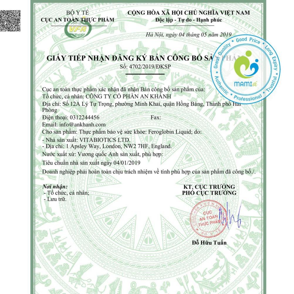 Sirô sắt  tạo hồng cầu ngừa thiếu máu cho trẻ từ 3 tuổi trở lên và người lớn Vitabiotics Feroglobin Liquid, UK