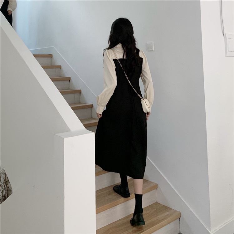 Set Áo Sơ Mi Tay Phồng Phối Chân Váy Chữ A Giả 2 Mảnh Màu Tương Phản Phong Cách Mới