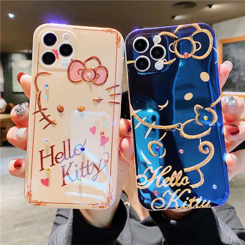 Ốp điện thoại silicon epoxy in hello kitty đính đá thích hợp cho IPhone 7 8Plus 11 11pro 11promax SE X XS XR XSMAX