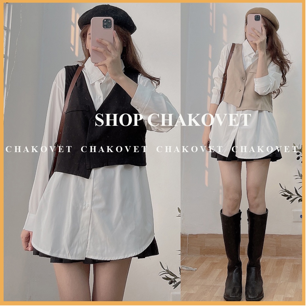 Set áo váy và gile dáng ngắn vạt lệch SA890, kiểu áo sơ mi nữ trắng dài tay form rộng mix áo Gile thời trang hàn quốc