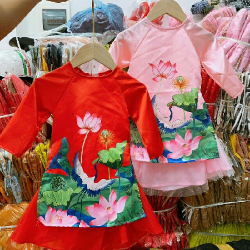 Set áo dài hoa sen kèm chân váy,mấn