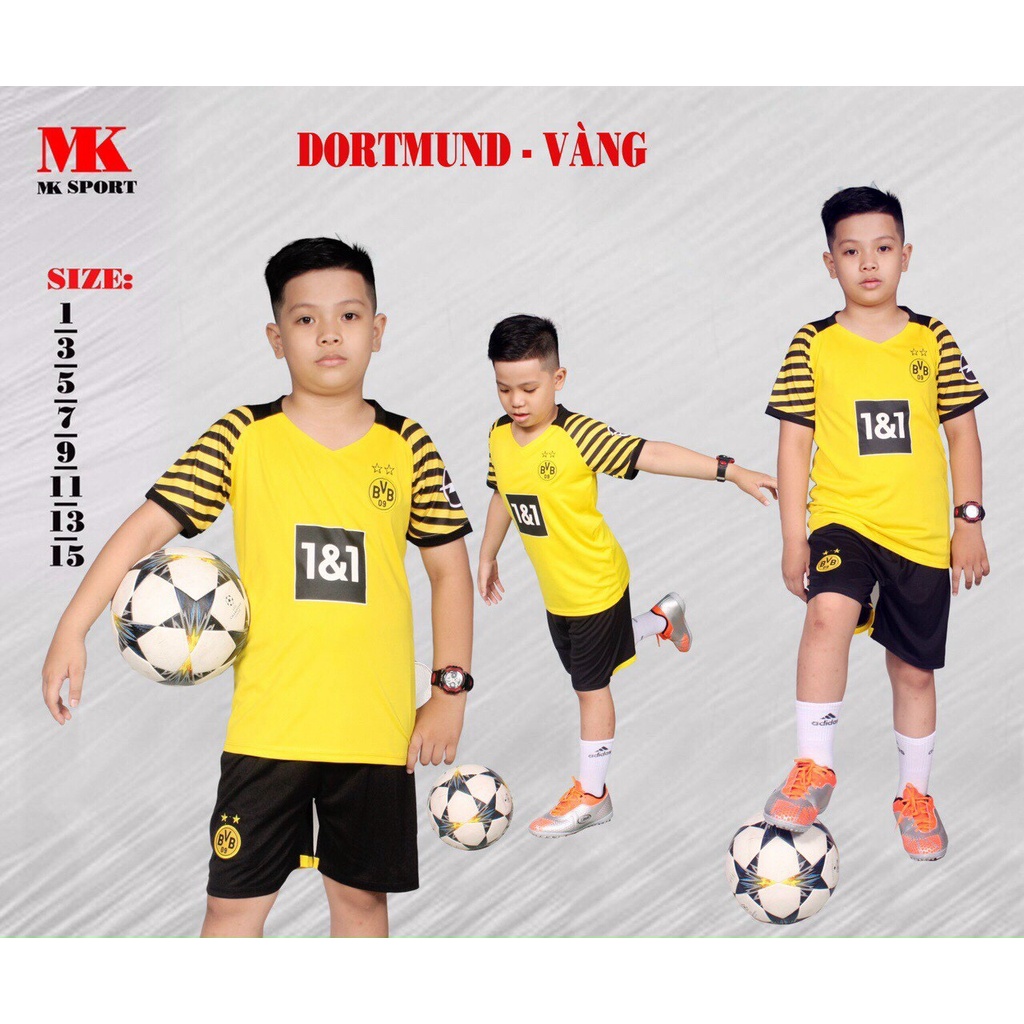Áo bóng đá trẻ em Dortmund vàng 2021-2022 - bộ thể thao bé trai bé gái vải thun lạnh (13-85kg)