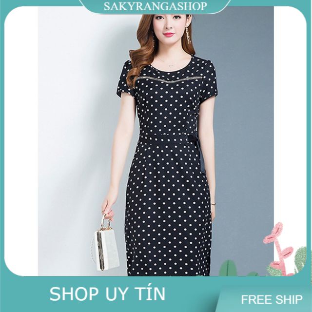 ĐẦM ÔM IN CHẤM BI ĐÍNH NƠ EO PHỐI RUY BĂNG KIM TUYẾN