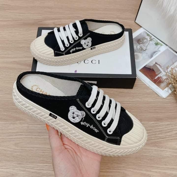 Giày Sục Thể Thao, Sục Thêu Hình Gấu, Sục Bata Đạp Gót, Đế 3cm Thời Trang Bản Đẹp
