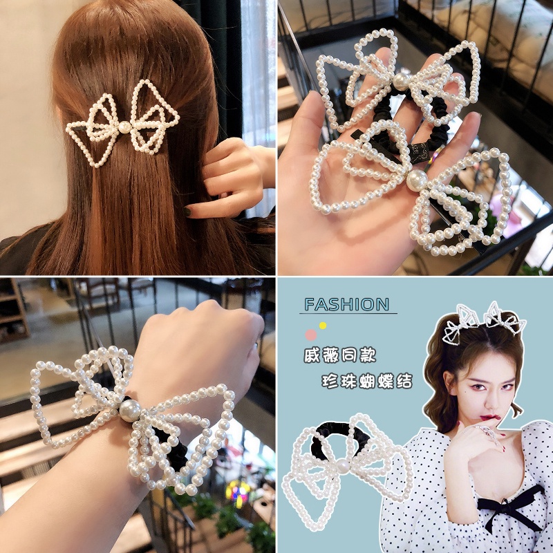 Kẹp tóc hình nơ đính ngọc trai giả phong cách Hàn Quốc