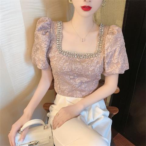 Áo Kiểu Tay Phồng Cổ Vuông Đính Hạt Phong Cách Retro Pháp