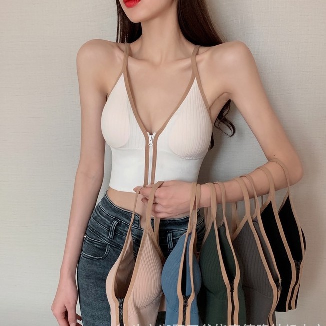 Áo Bra Nữ Cá Tính Cỗ V Khóa Kéo Trước - Bra 2 Dây Dáng Croptop Mút Mỏng AMYBRA  B3309