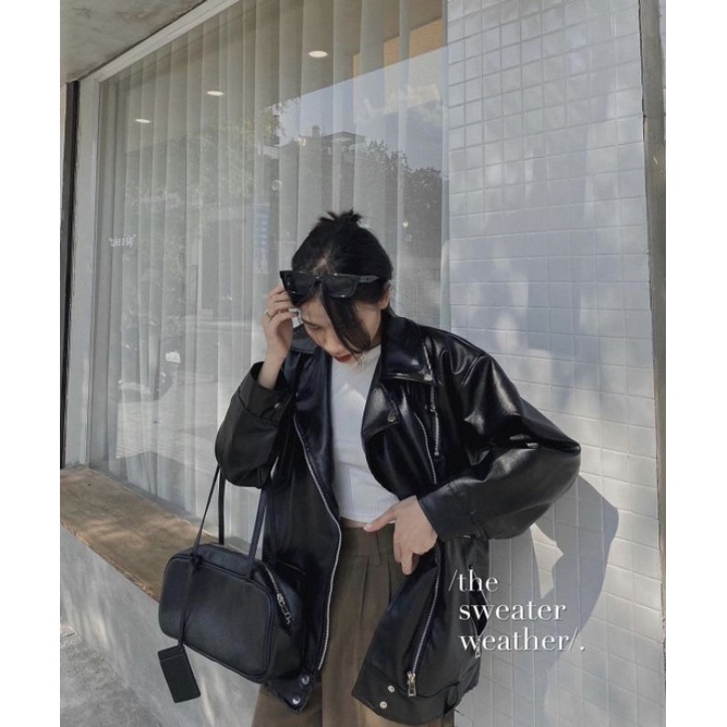 Áo khoác da đen nam nữ khóa chéo cá tính form rộng oversize dày dặn hàng Quảng Châu