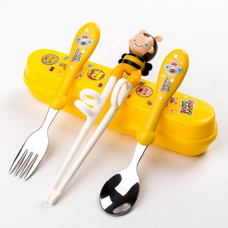 Set đũa tập gấp 3 món (Thìa, Dĩa, Đũa xỏ ngón) inox kèm hộp đựng cho bé