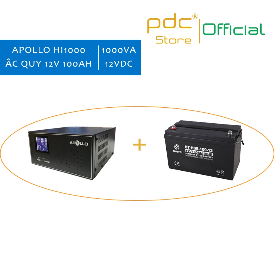 [GRAB & NOW SHIP]  Inverter Apollo KC1000 (HI1000) 1000VA 600W 12V 220V Sin Chuẩn + ẮC QUY 12V 100Ah