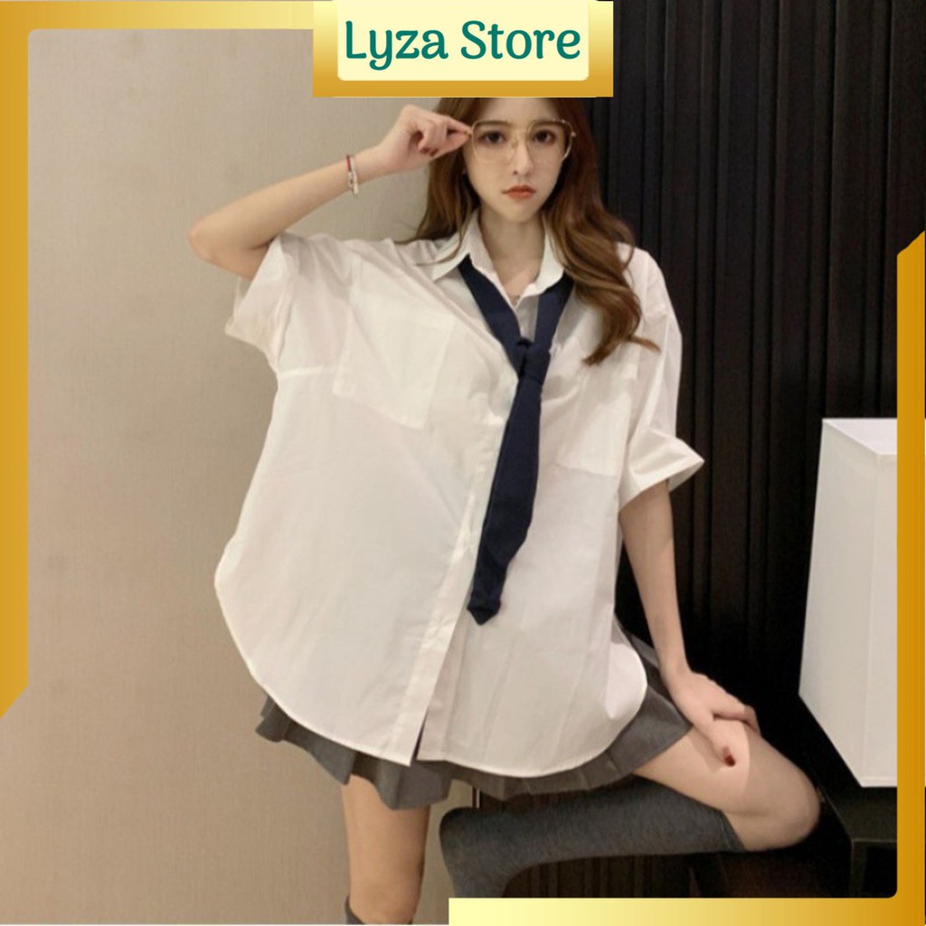 Áo sơ mi nữ thắt cà vạt oversize dưới 65kg - Lyza Store