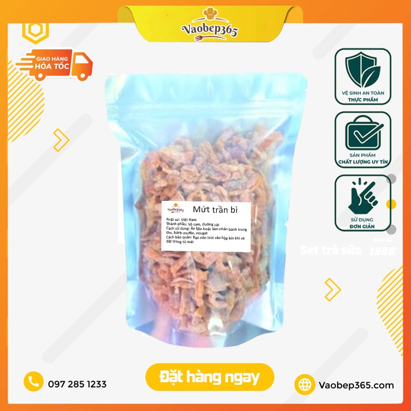 Mứt trần bì, mứt vỏ cam Đà Lạt nguyên miếng 100g - 500g ăn vặt ngày Tết, làm bánh trung thu thập cẩm, kẹo nougat