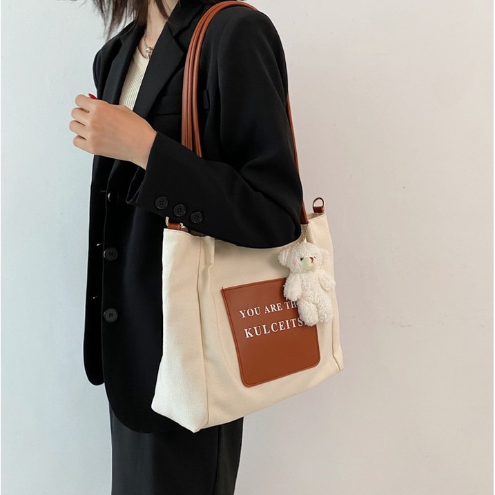 Túi tote vải cavan - túi xách nữ đeo vai, size to, phong cách vintage, retro - Tặng kèm móc khóa gấu - TX017