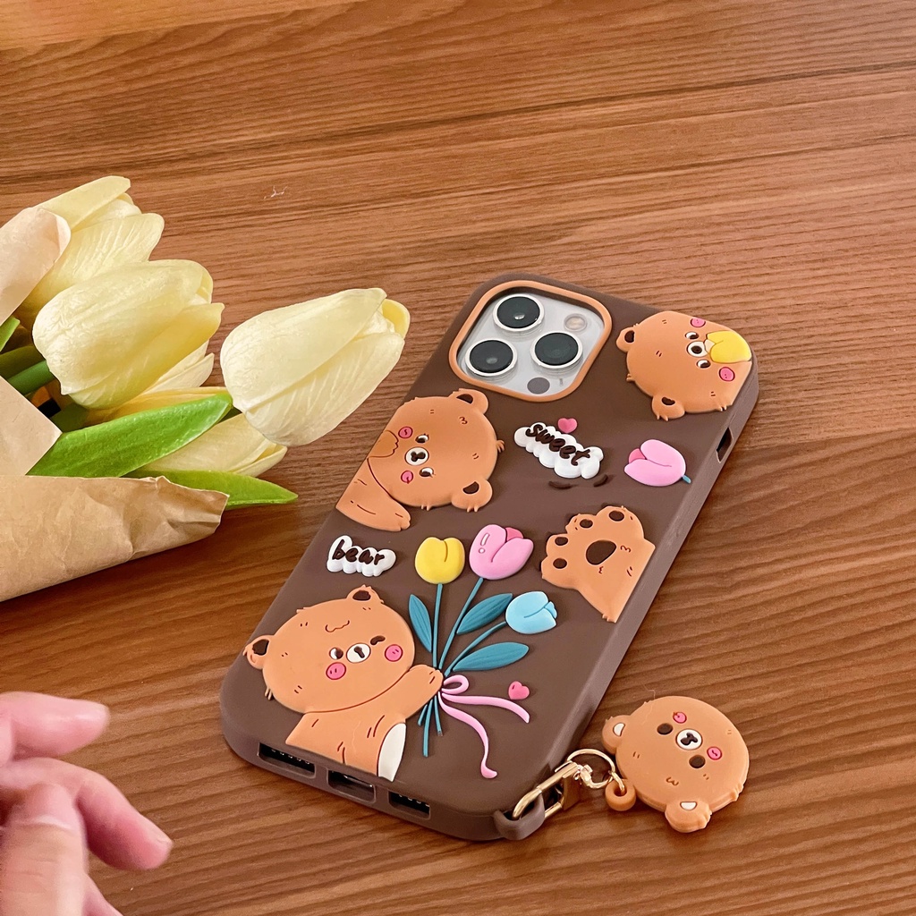 Ốp Điện Thoại Dẻo Họa Tiết Hoạt Hình Chú Gấu &amp; Hoa tulip Dễ Thương Chống Rơi Cho iPhone 13 / 12PRO MAX / 11 / 13PRO MAX