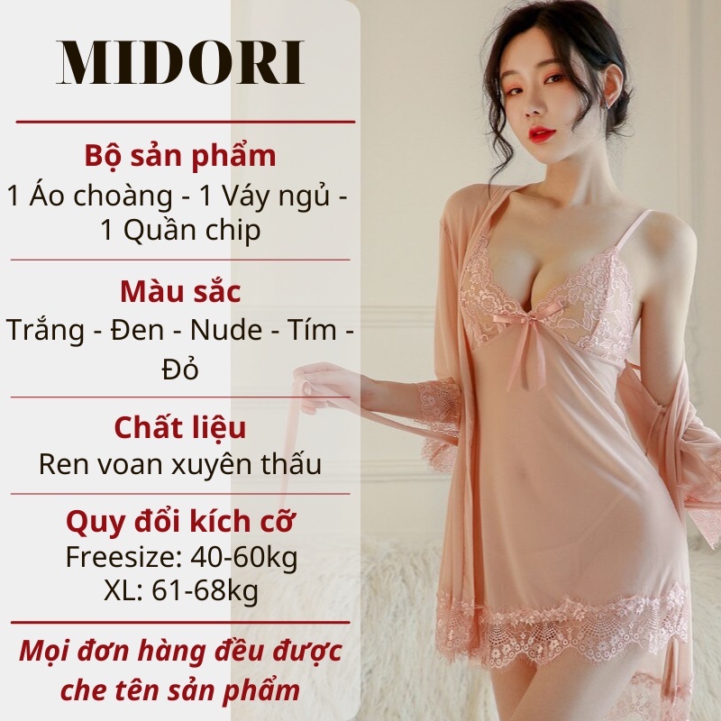 Đồ ngủ sexy nữ gợi cảm MIDORI chất ren voan cao cấp gồm áo 2 dây và áo choàng xuyên thấu freesize KL01