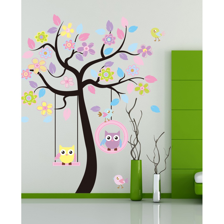 Tranh decal chim non chơi xích đu